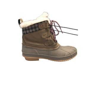 Khombu Snow Boots Womens‎ Size 7 Gray Brown Fur Trim Waterproof Rubber Lace Up